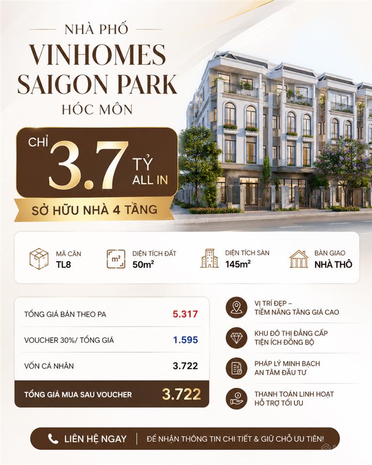 Bán nhà phố  50m2  vinhomes saigon park hóc môn chỉ 3,722 tỷ all in  4 tầng  ưu đãi 50%