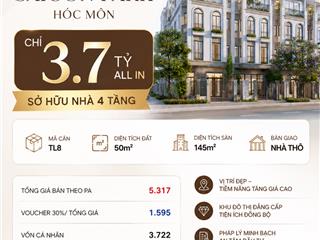 Bán nhà phố  50m²  vinhomes saigon park hóc môn chỉ 3,7 tỷ all in  4 tầng  ưu đãi 50% giá trị