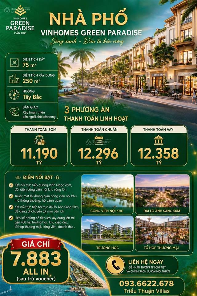 Bán nhà phố  75m²  chỉ 7.883 tỷ all in  giá tốt vinhomes green paradise