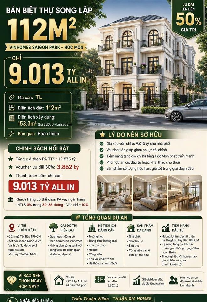 Bán biệt thự song lập 112m2 chỉ 9,013 tỷ all in ưu đãi lên đến 50% giá trị vinhomes saigon park