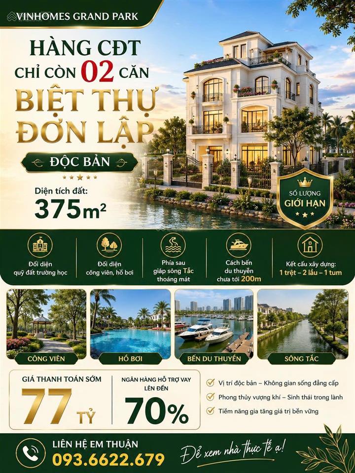 Bán biệt thự đơn lập  riêng chỉ còn 01 căn hiếm có  hàng cđt tại vinhomes grand park