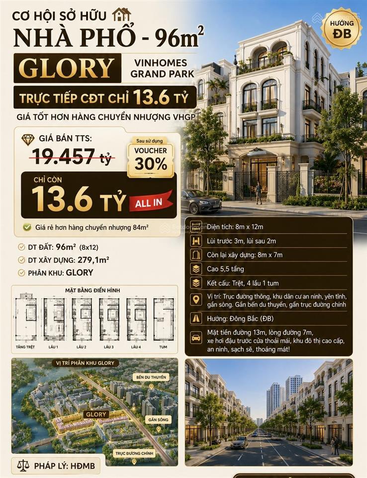 Sở hữu nhà phố  96m2 glory trực tiếp cđt chỉ 13.6 tỷ  giá tốt hơn hàng chuyển nhượng vhgp