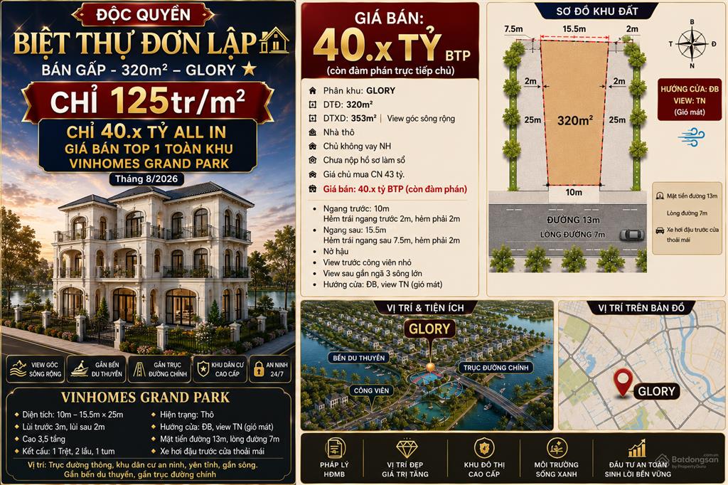 Chủ cần tiền bán gấp biệt thự đơn lập  view sông  321m2  glory chỉ 121tr/m2 chỉ 39 tỷ btp