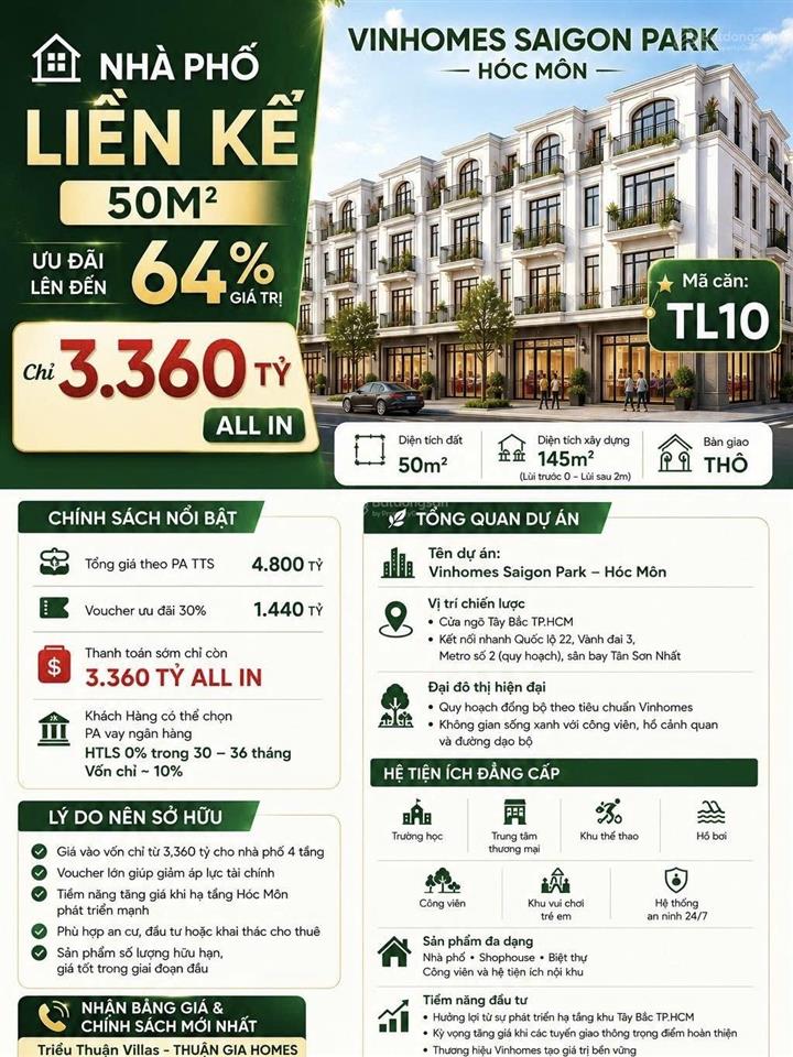 Nhà phố  50m2  chỉ 3,360 tỷ all in  ưu đãi lên đến 64% giá trị  vinhomes saigon park  hóc môn