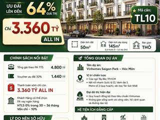 Nhà phố  50m2 chỉ 3.360 tỷ all in  ưu đãi lên đến 64% giá trị  vinhomes saigon park  hóc môn