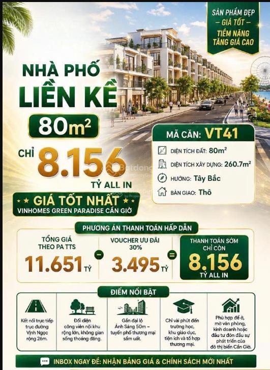 Nhà phố liền kề  80m2  chỉ 8,156 tỷ all in  giá tốt vinhomes green paradise cần giờ  vịnh tiên