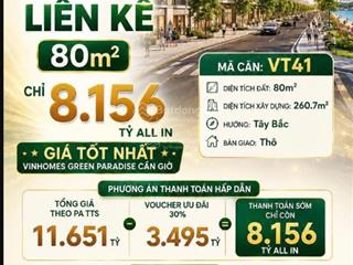 Nhà phố liền kề  80m2  chỉ 8.156 tỷ all in  giá tốt vinhomes green paradise cần giờ  vịnh tiên