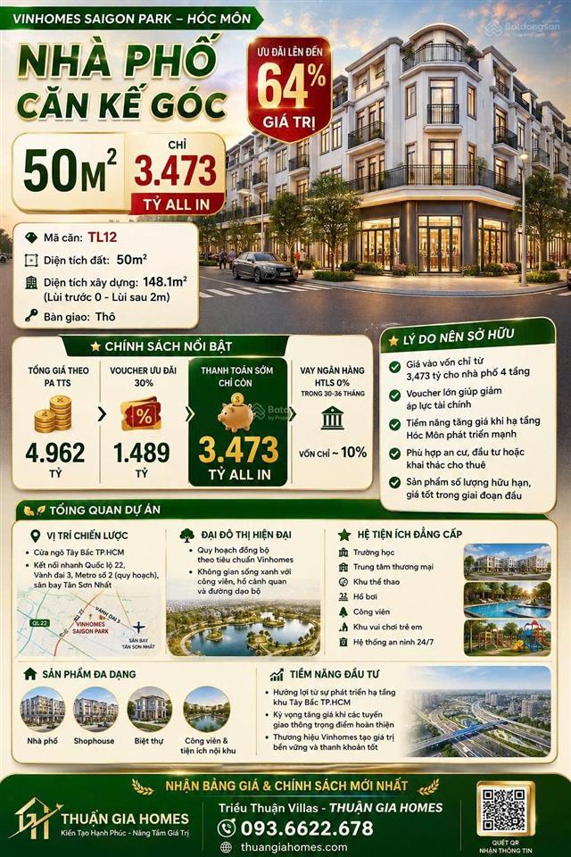 Nhà phố  căn kế góc 50m2  chỉ 3,473 tỷ all in  ưu đãi lên đến 64% giá trị  vinhomes saigon park