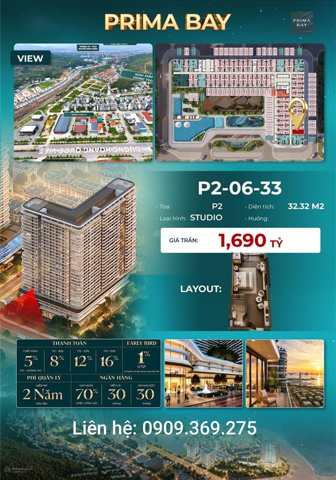 Bán căn hộ chung cư prima bay 1pn, 1wc, 33,3m2, giá ưu đãi 1,69 tỷ vnd tại hạ long, quảng ninh