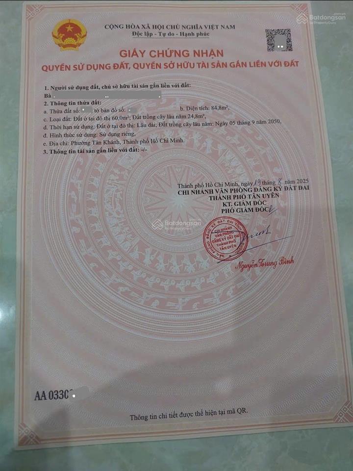 Bán nhà 1 trệt 1 lầu có sân thượng, dt 84,8m2 p. tân khánh tp.hcm. nhà 4pn giá 3,49 tỷ tl