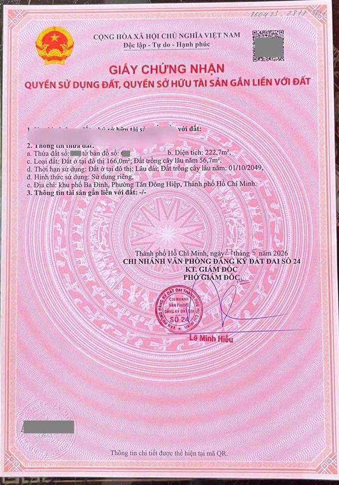 Giảm 200tr còn 3,8 tỷ bán gấp lô đất p. tân đông hiệp tphcm. dt 222,7m2 ngang 11,64m đường xe cont