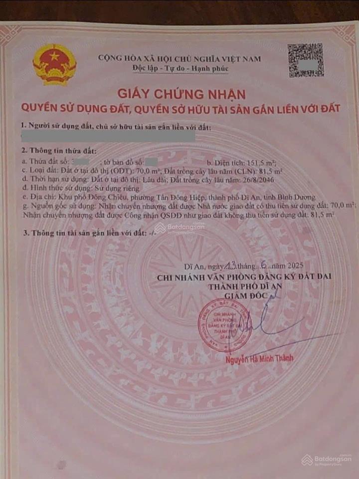 Bán lô đất 151,5m2 trung tâm dĩ an, gần ngã tư chiêu liêu 450m, ngang 4m nở hậu 5m, giá chỉ 2,49 tỷ