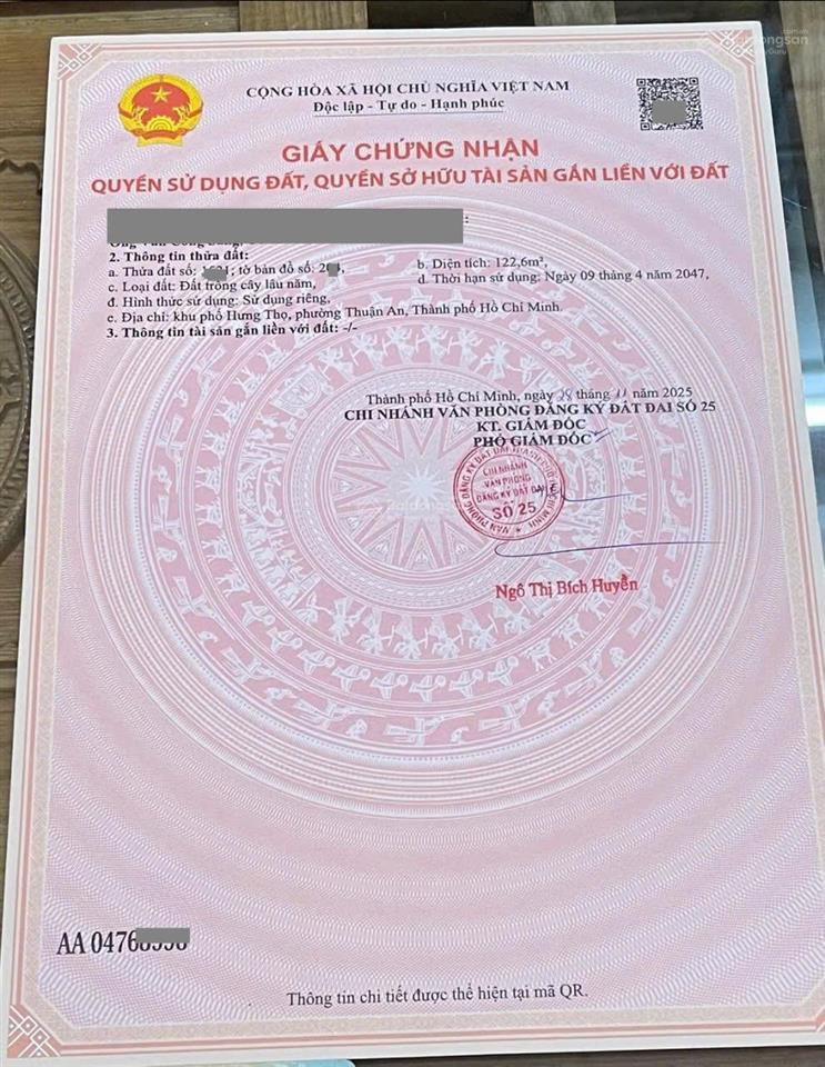 Bán đất ngang 9,65m gần chợ búng và nhà thờ búng tp.thuận an. dt 122,6m2, giá 2,45 tỷ tl.