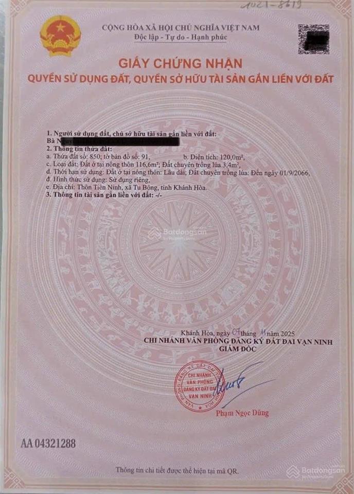 Bán đất tại thôn tiên ninh, xã tu bông, khanh hoà, 120m2, pháp lý đầy đủ, chính chủ