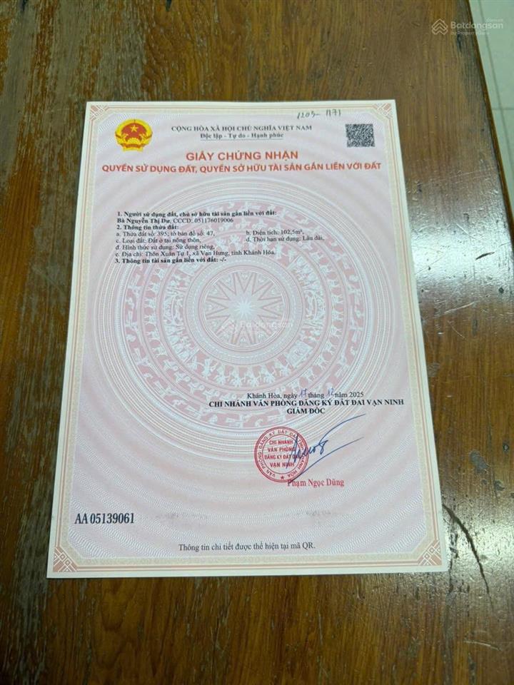 Bán 2 lô đất tại chợ xuân tự, tu bông khánh hoà cũ 102 m2/lô , pháp lý đầy đủ gần trường học