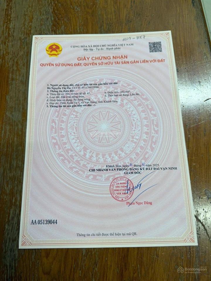 Bán 2 lô đất tại chợ xuân tự, tu bông khánh hoà cũ 102 m2/lô , pháp lý đầy đủ gần trường học