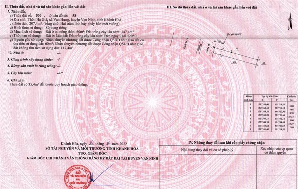 Bán đất tại mặt tiền ql1a vạn hưng khánh hoà, 19 triệu / m2, 207.4 m2, giá siêu hời, chính chủ