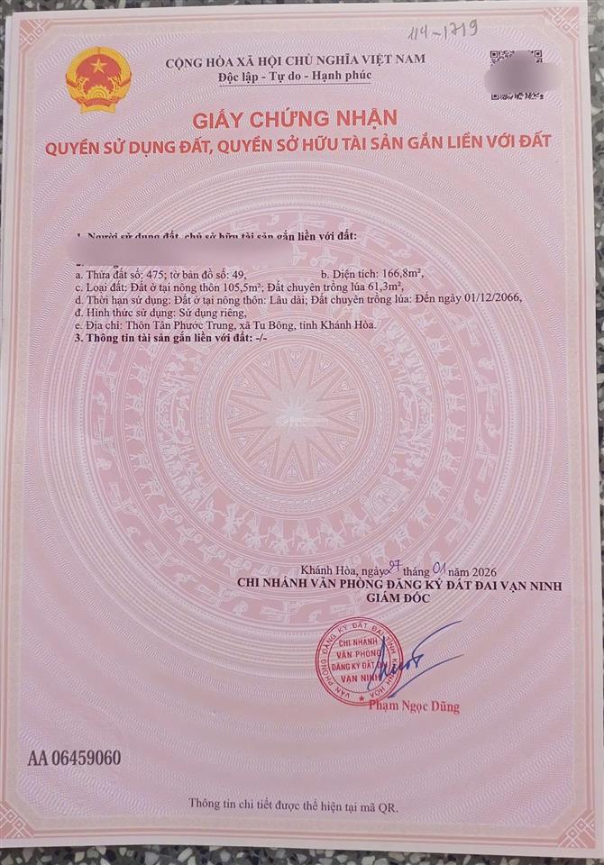 Bán đất tại thôn tân phước trung tu bông khánh hoà, 15 triệu/m2 166.8 m2