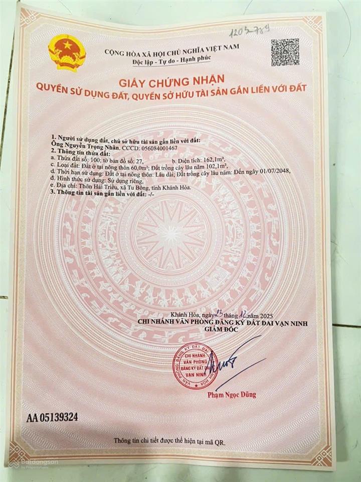 Bán gấp đất thổ cư 162,1m2 tại hải triều vạn long, xa tu bông 17 triệu / m2