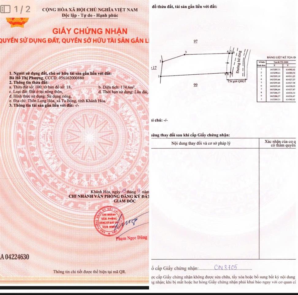Bán đất tại, vạn long cũ,xã tu bông hiện nay giá 16,5 triệu/m2, 174m2, pháp lý chuẩn khu dân cư