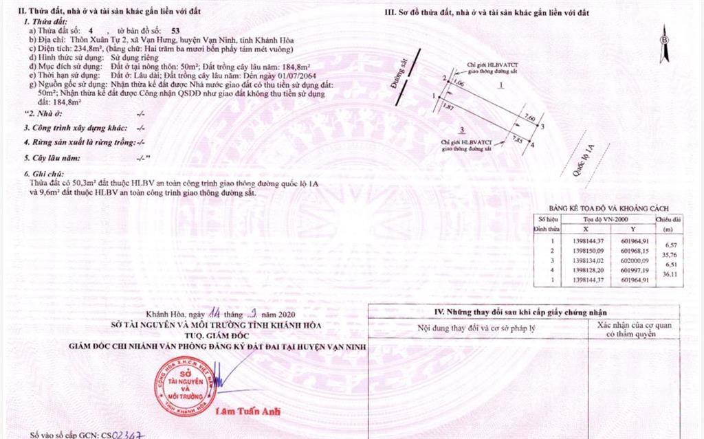 Bán đất 234m2 tại mặt tiền ql1a xuân tự 2 vạn ninh khánh hoà, giá cực rẻ chỉ 18 triệu / m2