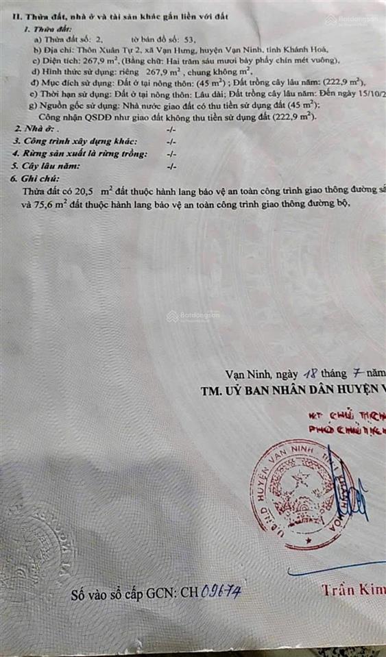 Bán đất 2 mặt tiền ql1a vạn hưng vạn ninh  sẵn 45m thổ cư, giá nét 21tr/m