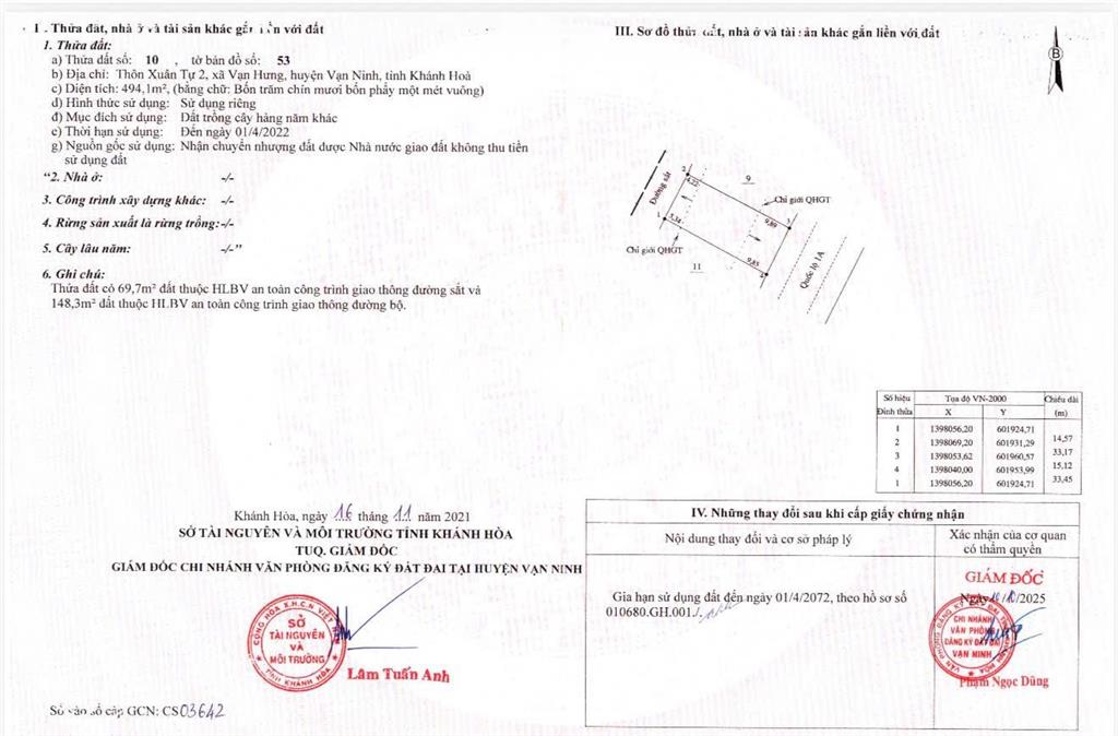 Bán đất 2 mặt tiền ql1a vạn hưng vạn ninh ( xã tu bông ) 494m  giá chỉ tính phần không qh 24tr/m2