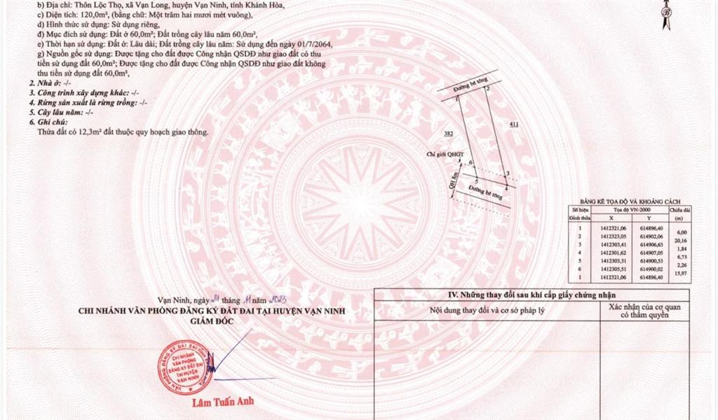 Bán đất thổ cư vạn long, xã tu bông, hiện nay giá đầu tư 18tr/m2, gần khu kinh tế bắc vân phong
