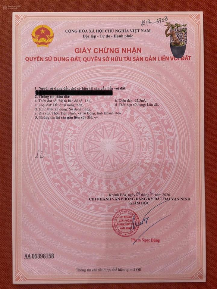 Bán lô đất thổ cư phong thủy đẹp tại tu bông  vạn ninh (kkt bắc vân phong)
