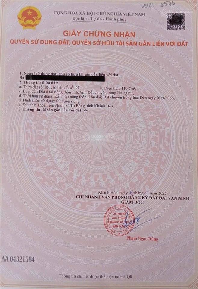 Cần bán lô đất đẹp vạn ninh  vùng lõi kinh tế vân phong đường nhựa thôn tiên ninh, xã tu bông