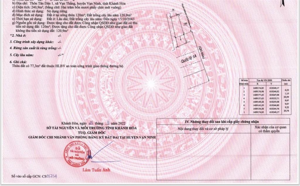 Bán lô đất mặt tiền quốc lộ 1a tại tân dân 1, vạn thắng, vạn ninh