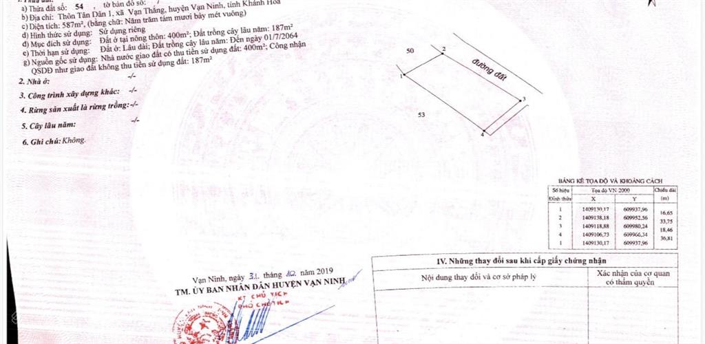 Chính chủ bán đất thổ cư rộng 587m2 tại tân dân 1 vạn thắng, vạn ninh giá cực tốt