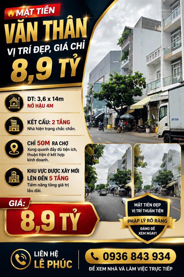 Mặt tiền văn thân vị trí đẹp, giá chỉ 8,9 tỷ dt 3.6x14m nở hậu 4m
