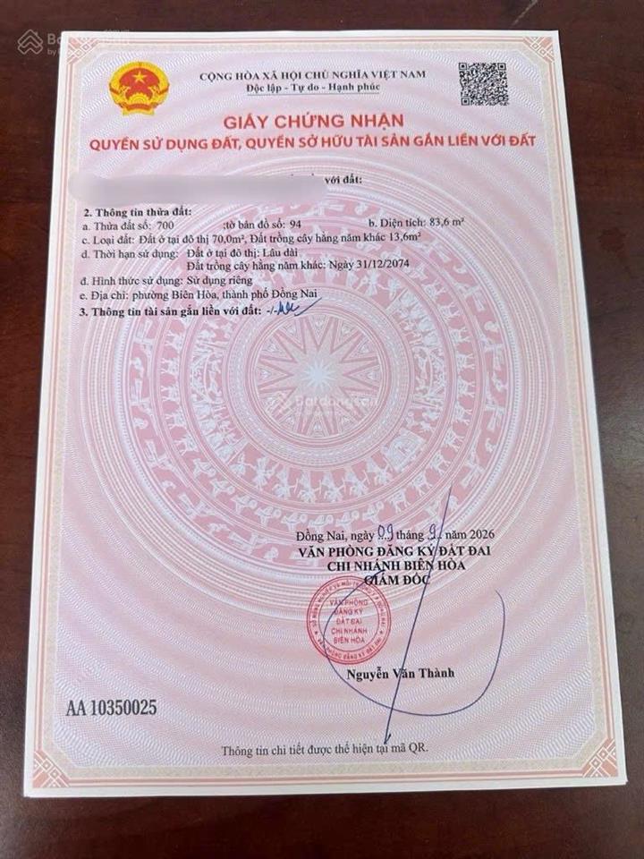 Cần bán lô đất 2 mặt tiền đường nguyễn thị tồn, phường biên hoà
