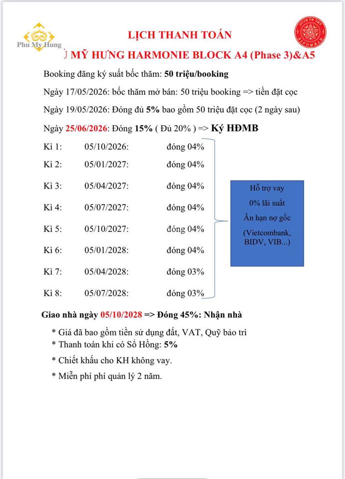 The harmonie phú mỹ hưng  3pn cao cấp kèm ô đậu xe riêng thanh toán 20%, 30 tháng ân hạn gốc lãi