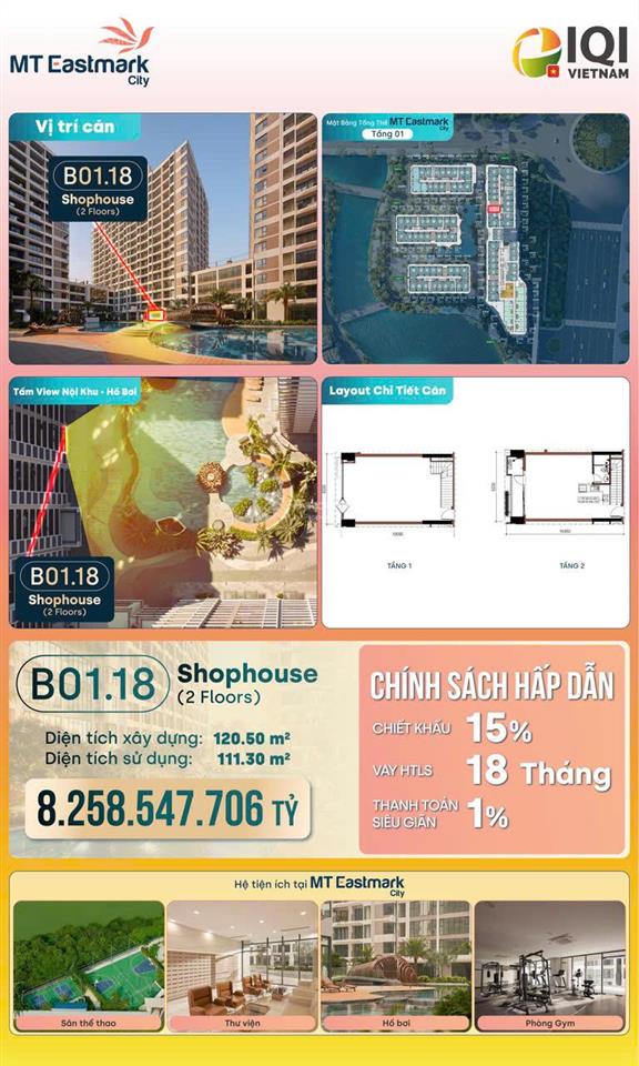 Shophouse 2 tầng mt eastmark city  chiết khấu 15% trực tiếp vào giá bán, sở hữu chỉ với 7 tỷ