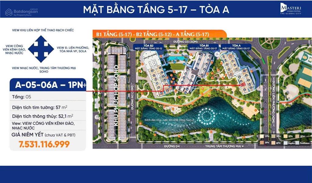 Cắt lỗ căn 1pn+ masteri cosmo central view kênh đào nhạc nước giá tốt