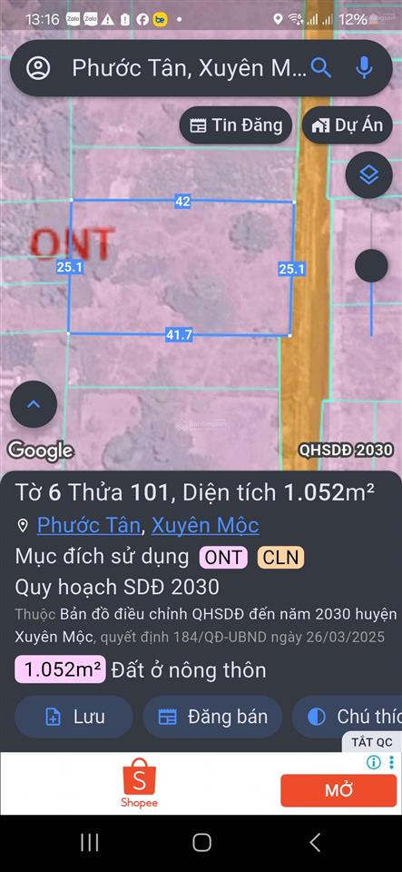 Bán lô đất phước tân, hồ tràm, 25m mặt tiền, 1 sào, gần chợ cây điệp