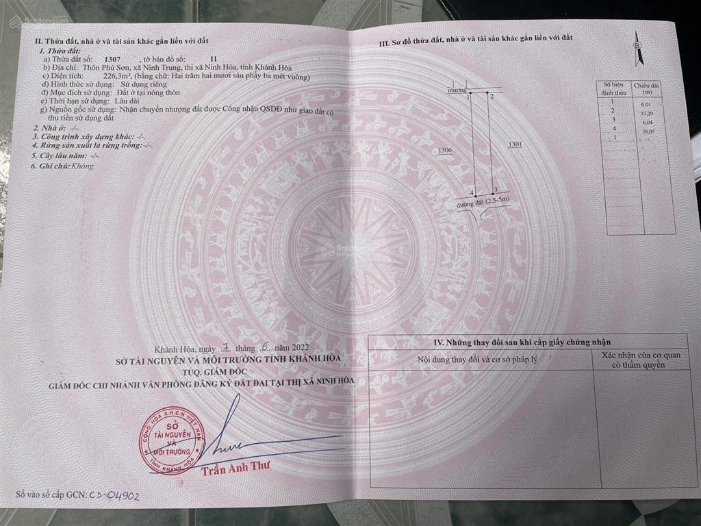 Bán đất thôn phú sơn, ninh trung, ninh hòa, 226.3m2 full thổ cư, đường bê tông, dân cư đông đúc