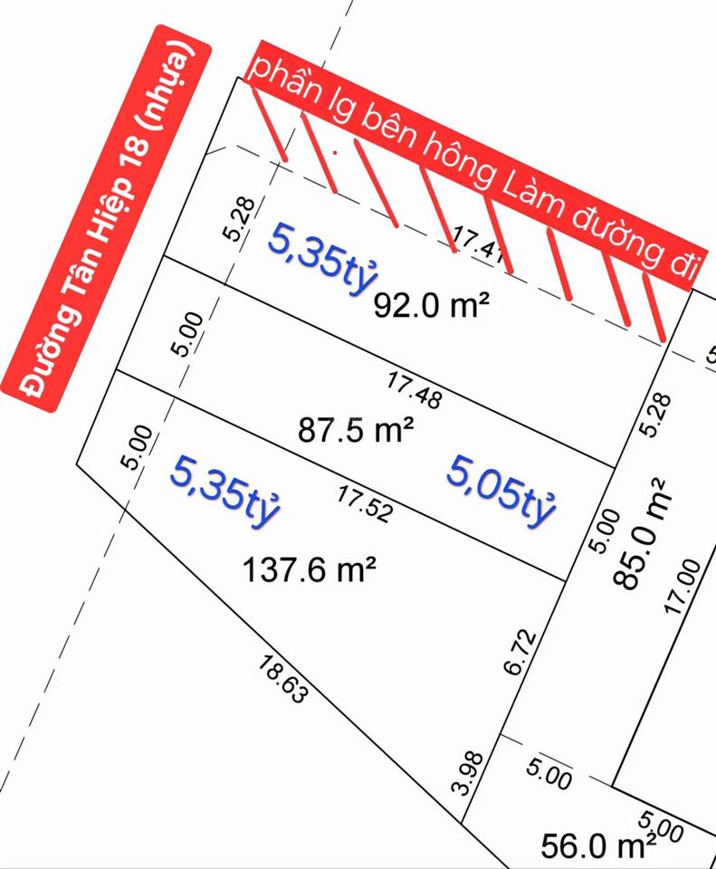 Lô mt tân hiệp 18. xã tân hiệp. hóc môn. cách lê lợi 200m. giá chỉ 5,35 tỷ
