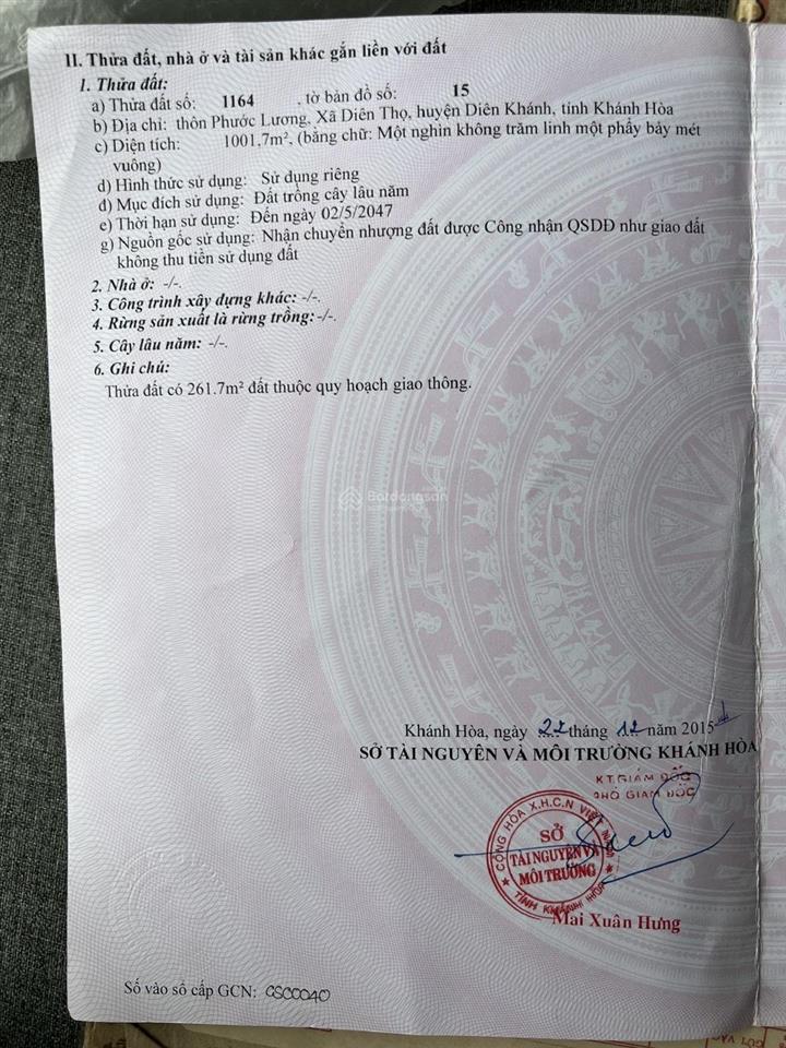 Chinh chu ban lo dat 1000m2(100m2 tho cu) gia 4ty tai dien tho, khanh hoa
