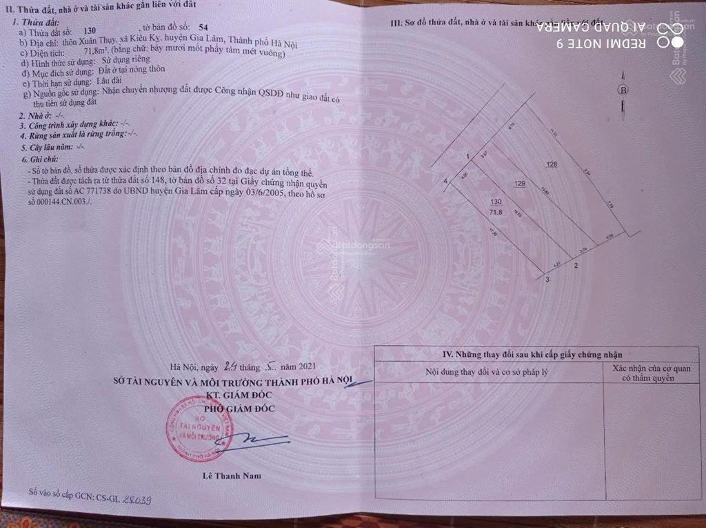 Bán 71.8m2 đất xuân thuỵ  kiêu kỵ đường thông xe 16c sát dự án vinhomes giá 5.95tỷ  0902 132 ***