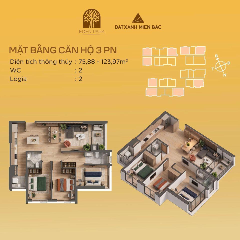 CĂN NGOẠI GIAO 3PN CC CAO CẤP VCI EDEN PARK VĨNH YÊN GIÁ 2X TRIỆU/M2
