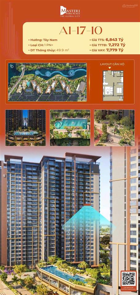 Bán căn hộ a11710 loại 1pn+ masteri park place, giá gốc cđt 7,05 tỷ.