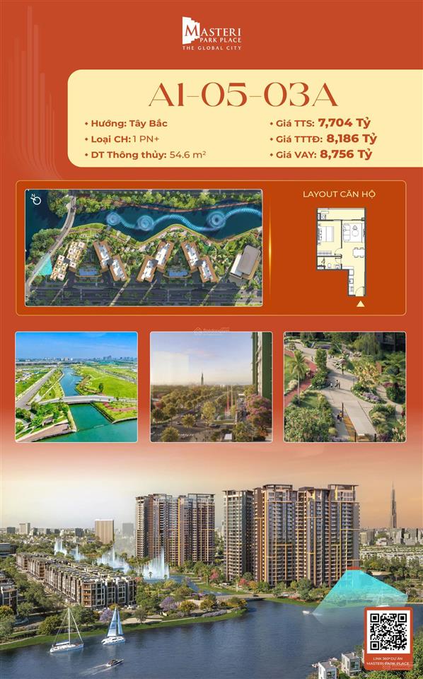 Căn hộ a10503a, 1pn+ view sông masteri park place q.2, giá gốc cđt.