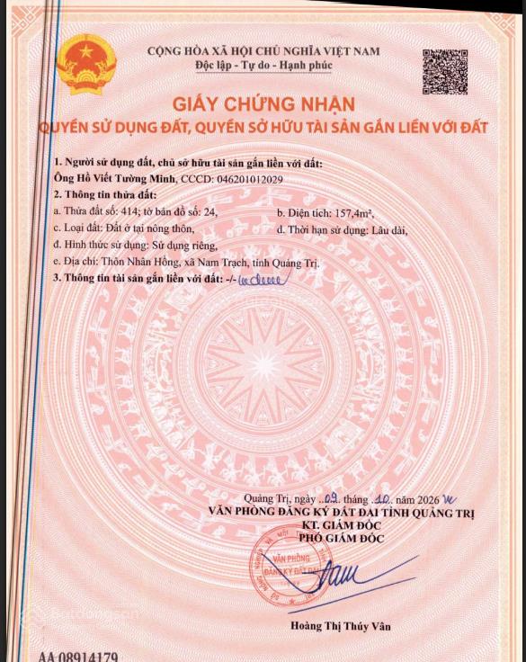 Bán đất phân lô thổ cư nam trạch, quảng bình giá chỉ 1012 triệu/m2