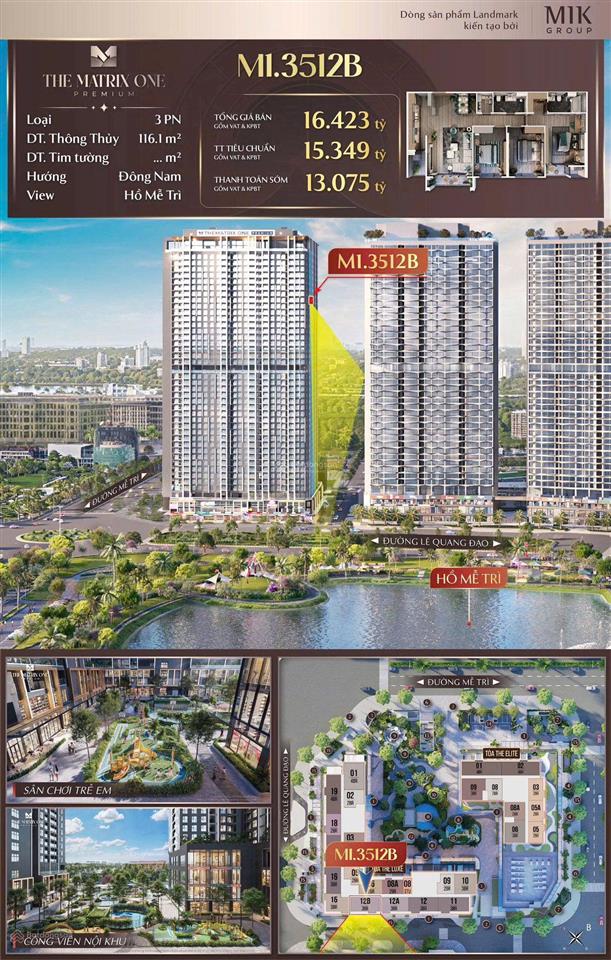 Cắt lỗ matrix one bán căn m1.35.12b , giá 15 tỷ, 116.4m2 view hồ 14ha. 0984 626 ***
