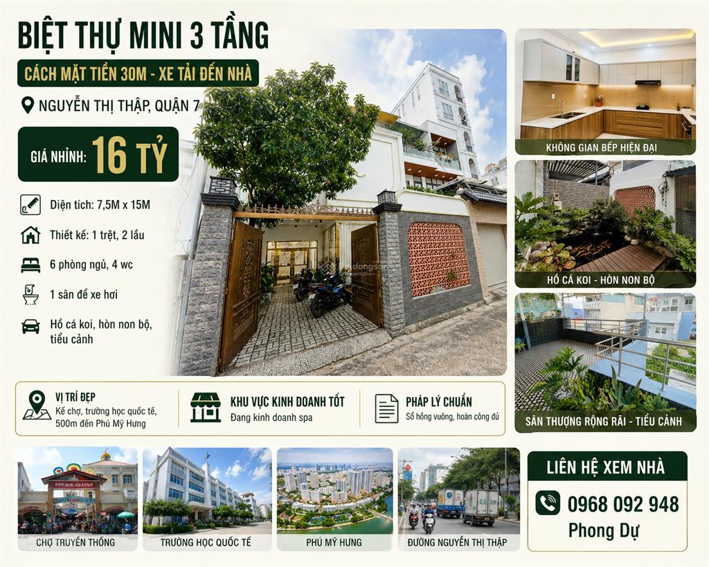 Bán biệt thự mini 3 tầng nguyễn thị thập quận 7  7,5x15m  6pn  có hồ cá koi  giá nhỉnh 16tỷ