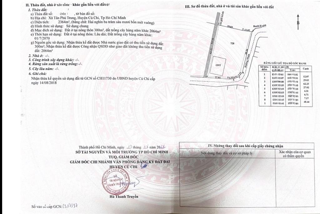 Chủ ngộp cần bán lô đất 2364m2 có sẵn 300m2 thổ cư xã tân phú trung, cách ql22 1km
