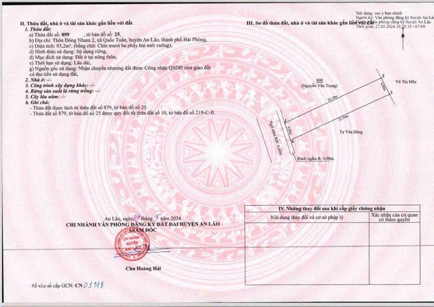 Bán lô đất 93,2mv mặt trục thôn đông nham quốc tuấn an lão hải phòng